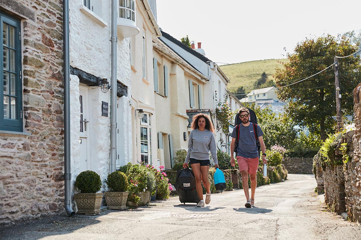 Two women walking down the street